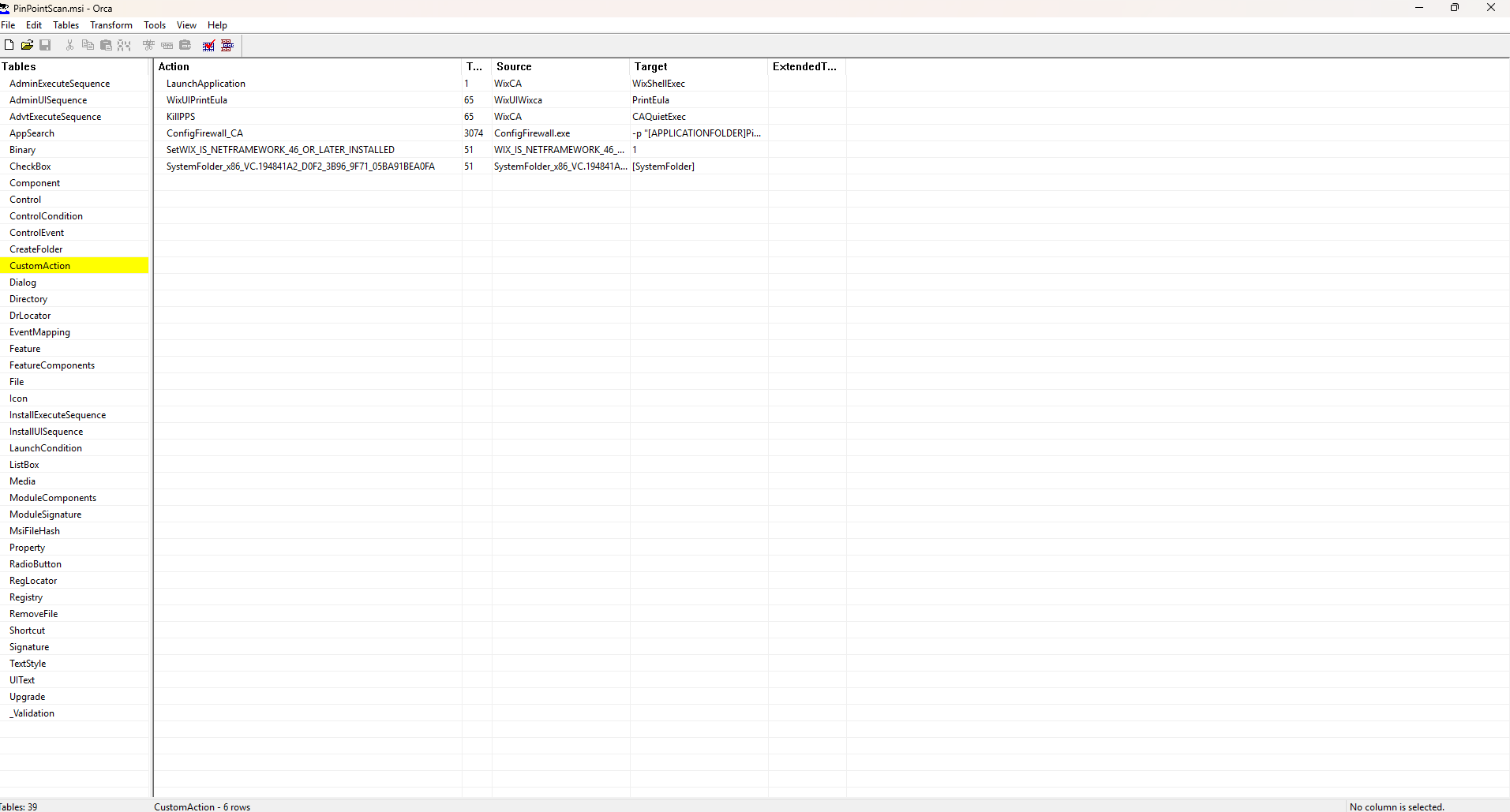 The Orca "CustomAction" table, showing the custom actions associated with the PinPoint Scan installer.